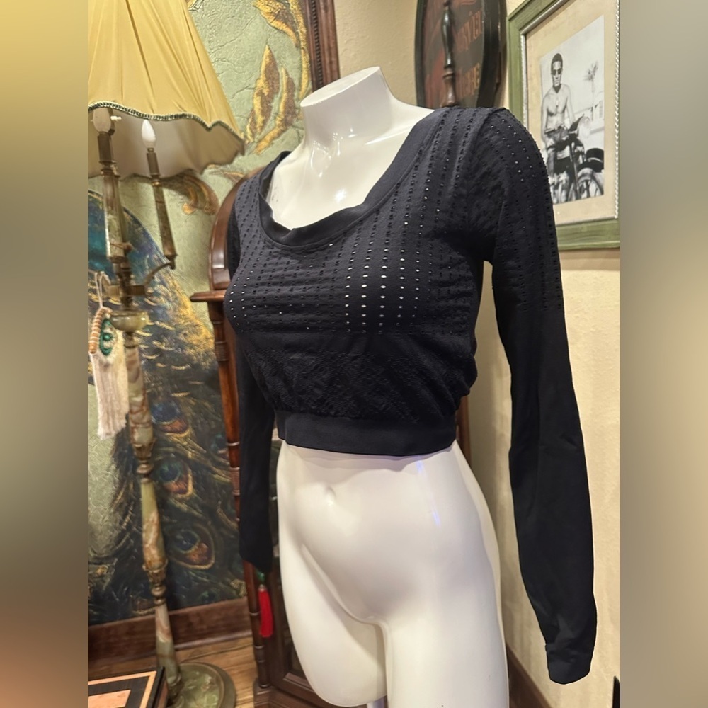 Black Pointelle Long Sleeve Crop Top Workout Yoga S - Picture 7 of 10